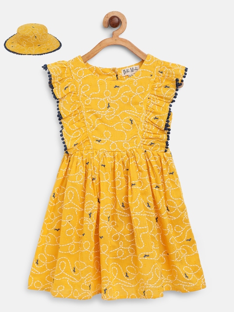 

Bella Moda Girls Yellow & White Dobby Weave & Printed A-Line Dress with Hat