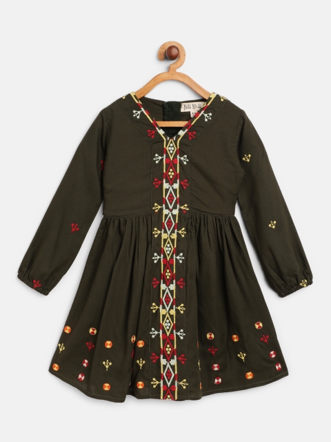 

Bella Moda Girls Olive Green Embroidered Fit & Flare Dress