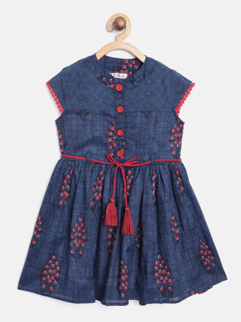 

Bella Moda Girls Navy Blue & Red Floral Print Fit and Flare Dress with Belt