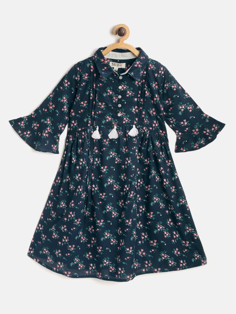 

Bella Moda Girls Navy Blue & Pink Floral Print Shirt Dress with Gathers