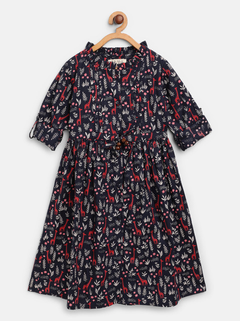 

Bella Moda Girls Navy Blue & Red Giraffe & Leaves Print A-Line Dress