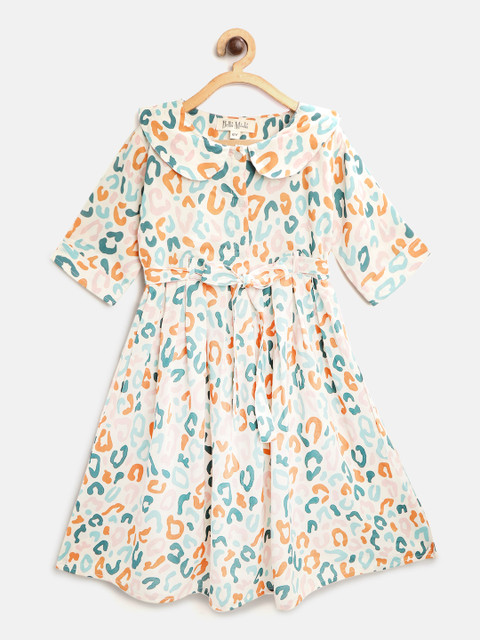 

Bella Moda Girls Cream-Coloured & Teal Green Leopard Print A-Line Dress