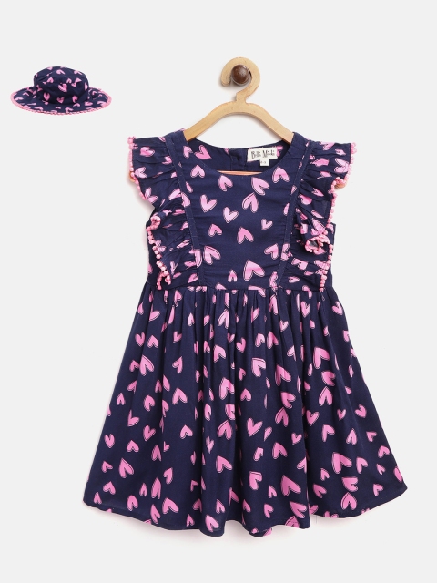 

Bella Moda Girls Navy Blue & Pink Hearts Print Fit and Flare Dress with Bucket Hat