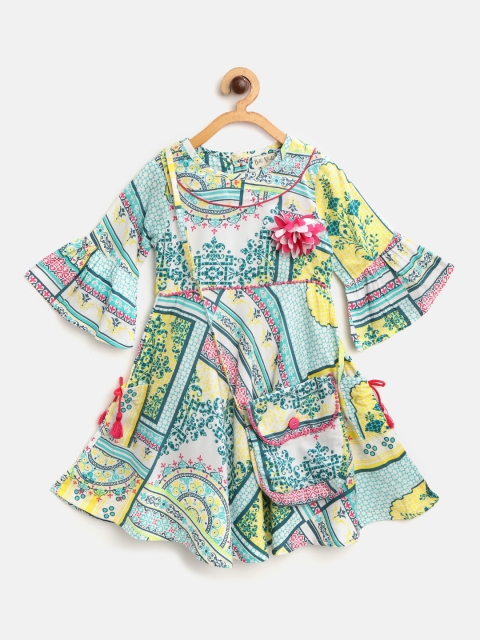 

Bella Moda Girls Multicoloured Printed Fit & Flare Dress with Sling Bag, Multi