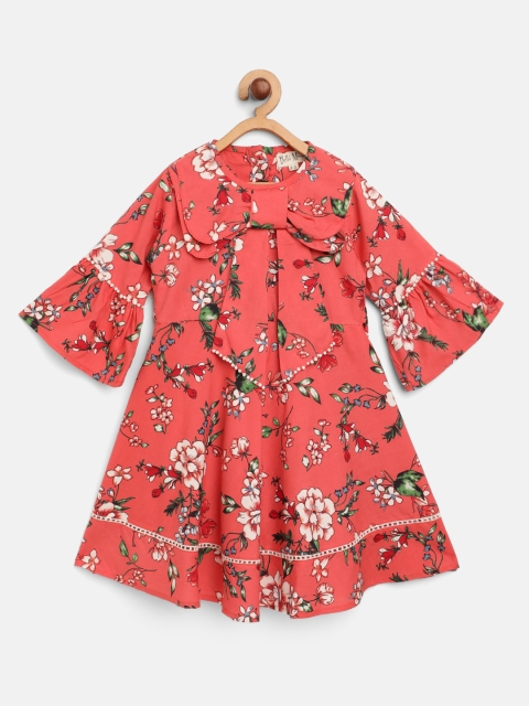 

Bella Moda Girls Peach-Coloured & Green Floral Print Bow Detail Fit & Flare Dress