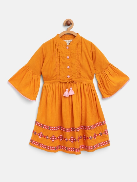 

Bella Moda Girls Mustard Yellow Embroidered A-Line Dress