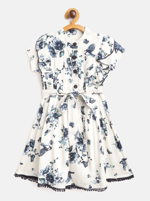 

Bella Moda Girls Off-White & Navy Blue Floral Print Ruffle A-Line Dress