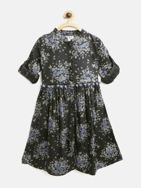 

Bella Moda Girls Charcoal Grey & Cream-Coloured Ethnic Print A-Line Dress