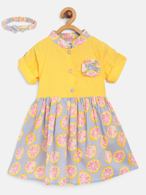 

Bella Moda Girls Mustard Yellow Sweet Lime Print A-Line Dress with Hairband & Briefs