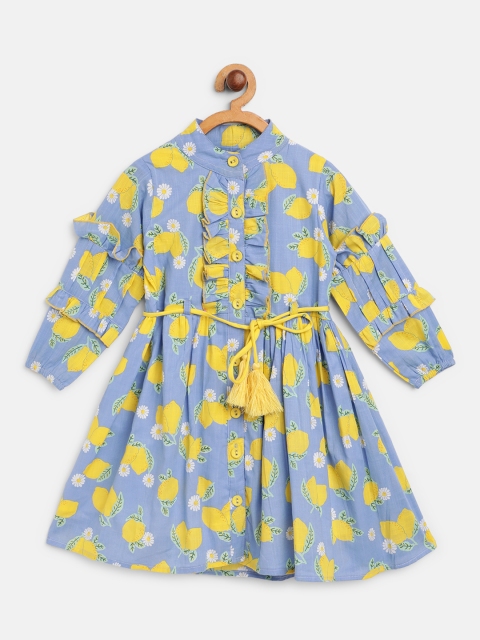 

Bella Moda Girls Blue & Yellow Lemon Printed A-Line Dress with Belt