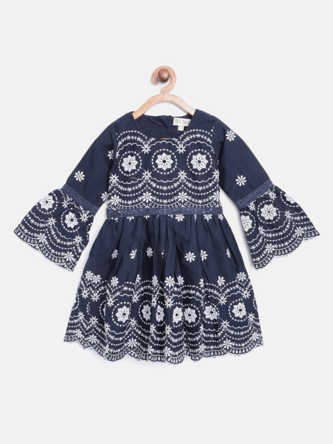 

Bella Moda Girls Navy Blue & White Schiffli Embroidered Fit & Flare Dress