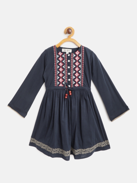 

Bella Moda Girls Navy Blue & Red Geometric Embroidered A-Line Dress