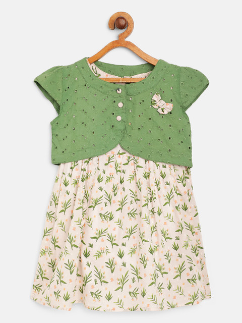 

Bella Moda Girls White & Green Floral Print A-Line Dress with Schiffli Jacket