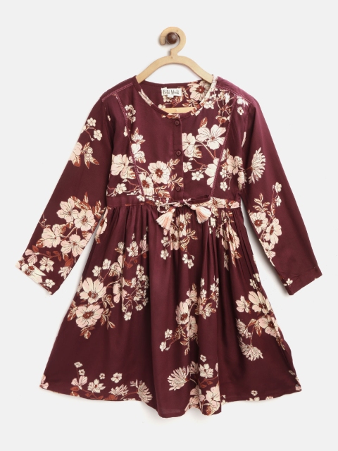 

Bella Moda Girls Burgundy & Off-White Floral Print A-Line Dress