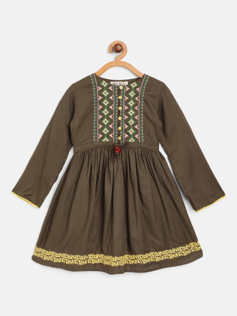 

Bella Moda Girls Olive Green & Yellow Embroidered Fit and Flare Dress