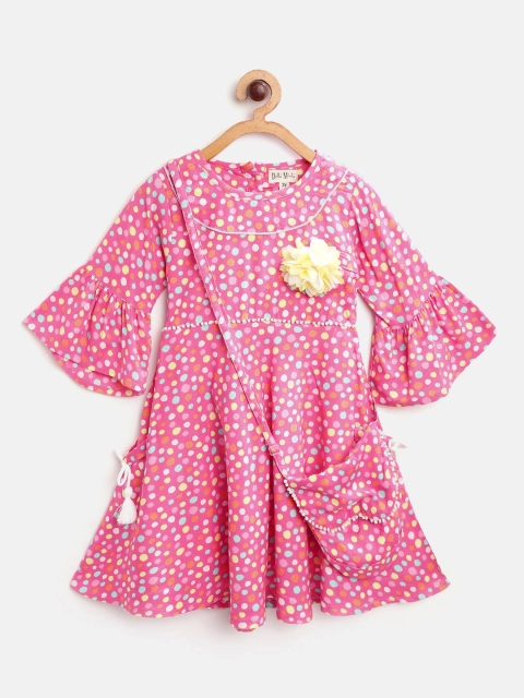 

Bella Moda Girls Pink & Yellow Polka Dot Print A-Line Dress with Sling Bag