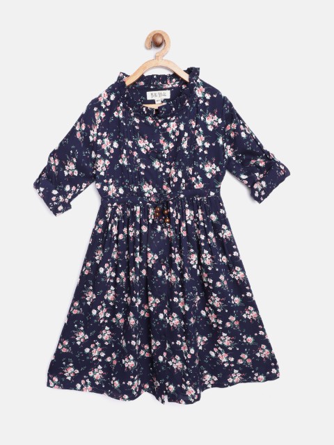 

Bella Moda Girls Navy Blue & Pink Floral Print A-Line Dress with Gathers