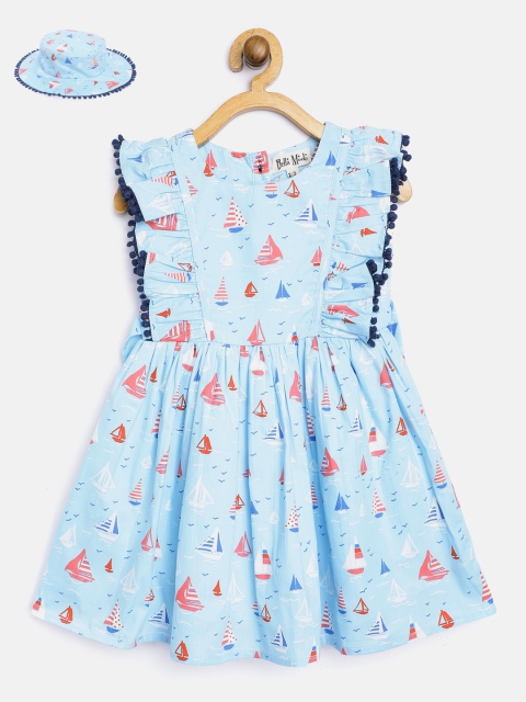 

Bella Moda Girls Blue & Pink Boat Print Fit & Flare Dress with Hat