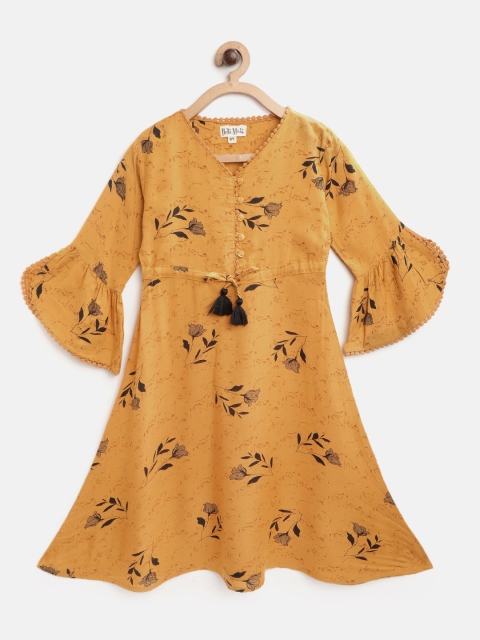 

Bella Moda Girls Mustard Yellow & Black Floral Print Fit and Flare Dress