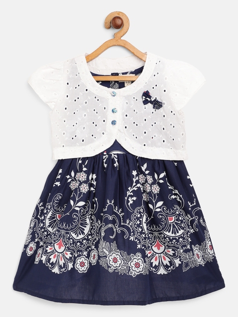 

Bella Moda Girls Navy & White Ethnic Motifs Print Fit and Flare Dress with Schiffli Jacket, Navy blue