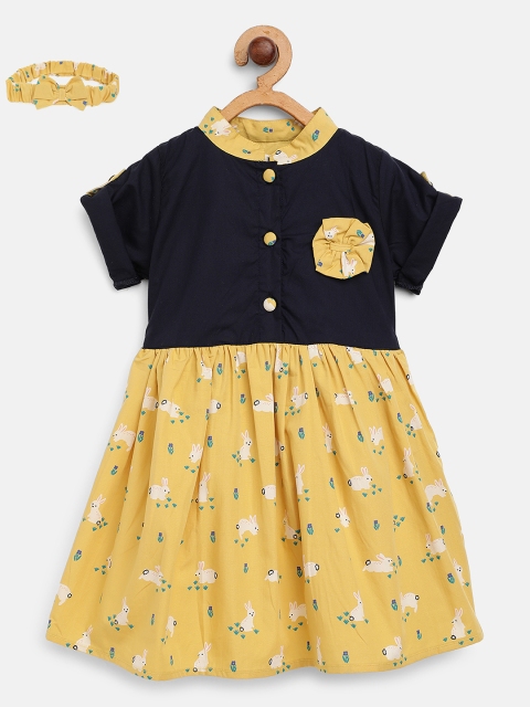 

Bella Moda Girls Navy Blue & Yellow Rabbit Printed A-Line Dress with Briefs & Hairband
