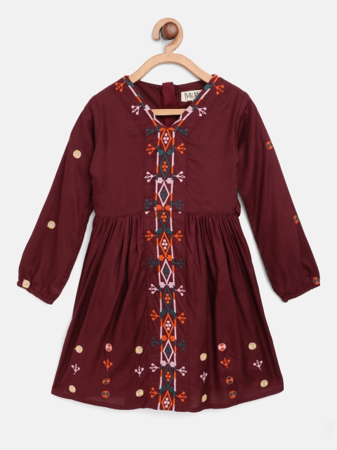 

Bella Moda Girls Maroon & Orange Ethnic Motifs Embroidered A-Line Dress