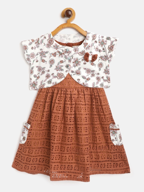 

Bella Moda Girls Brown & Off-White Schiffli Embroidered A-Line Dress With Shrug