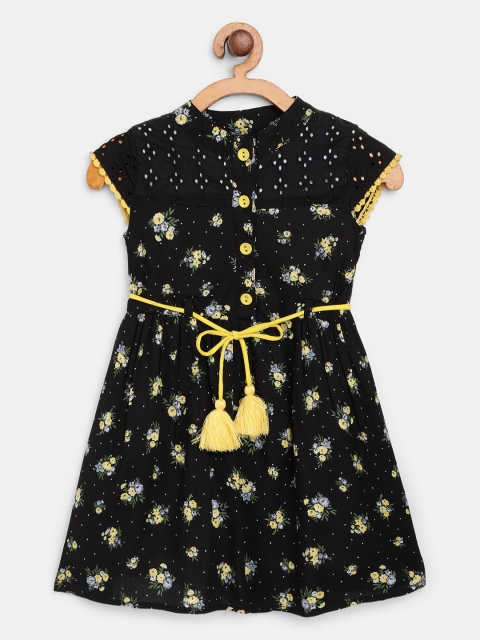 

Bella Moda Girls Black & Yellow Floral Print A-Line Dress