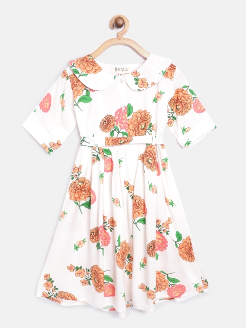 

Bella Moda Girls White & Orange Floral Print Fit and Flare Dress