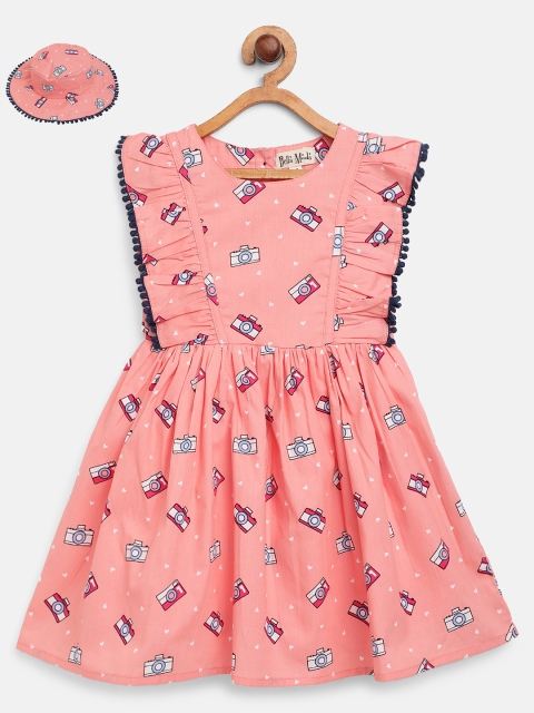 

Bella Moda Girls Peach-Coloured & Blue Camera Print Fit & Flare Dress with Hat