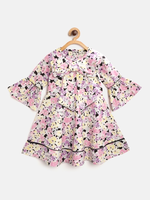 

Bella Moda Girls White & Pink Floral Print Fit and Flare Dress with Bow Detail