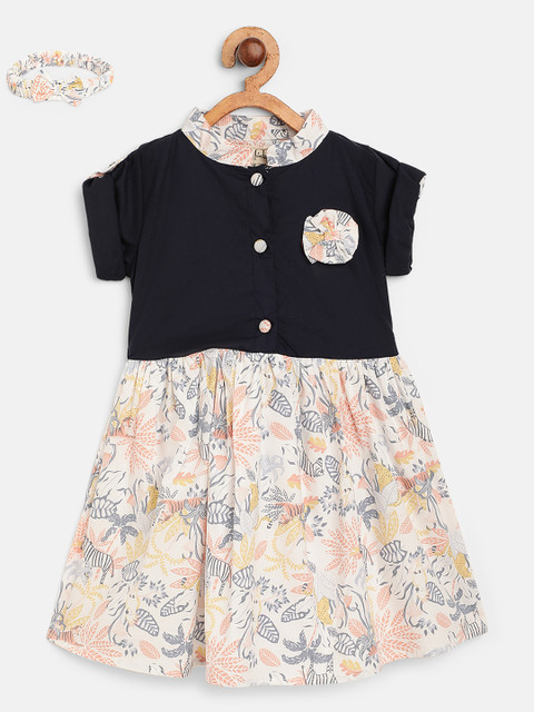 

Bella Moda Girls Navy Blue & White Colourblocked & Floral Print Fit and Flare Dress