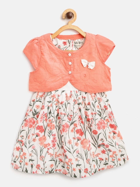 

Bella Moda Girls White & Peach-Coloured Floral Print Fit and Flare Dress with Jacket