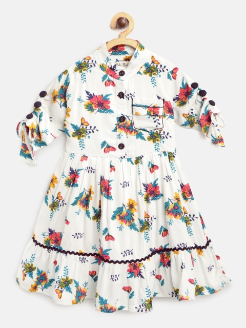 

Bella Moda Girls White & Teal Blue Floral Print Fit and Flare Dress