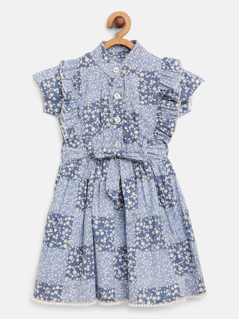 

Bella Moda Girls Blue & White Floral Print Ruffle A-Line Dress