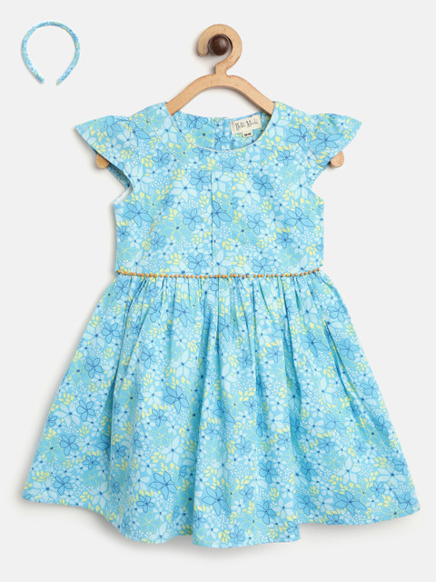 

Bella Moda Girls Blue & Yellow Floral Print Fit and Flare Dress with Briefs & Hairband
