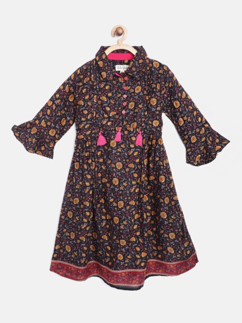 

Bella Moda Girls Black & Mustard Yellow Floral Print A-Line Dress