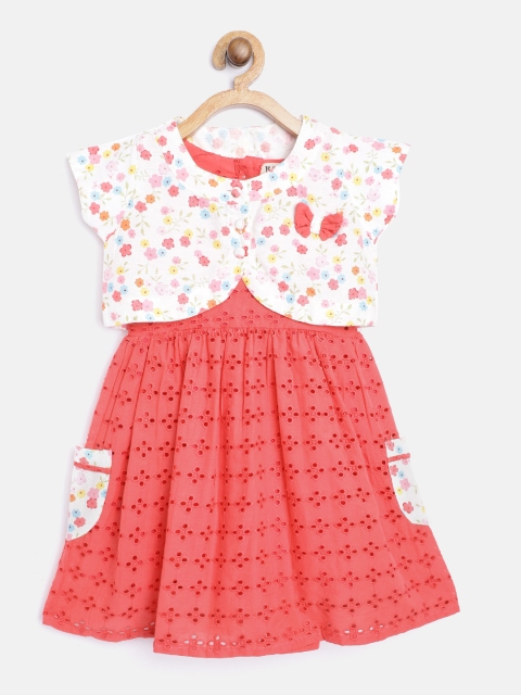 

Bella Moda Girls Red Schiffli Embroidered A-Line Dress with Floral Print Shrug