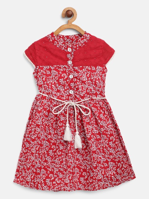 

Bella Moda Girls Red & White Floral Print A-Line Dress with Belt