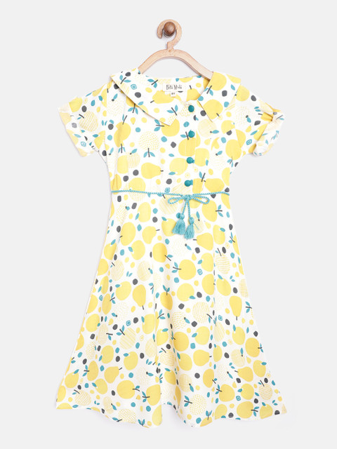 

Bella Moda Girls White & Yellow Pear Print A-Line Dress with Belt