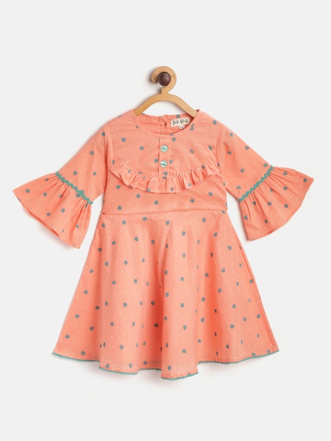 

Bella Moda Girls Coral Orange & Teal Green Leaf & Dot Print Fit & Flare Dress