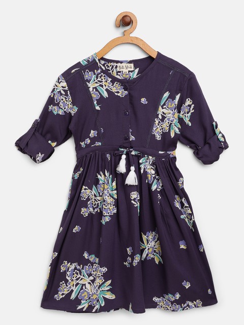 

Bella Moda Girls Navy Blue & White Floral Print Fit and Flare Dress