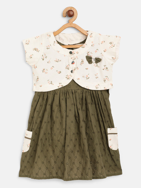 

Bella Moda Girls Olive Green Schiffli Embroidered A-Line Dress with Floral Printed Shrug