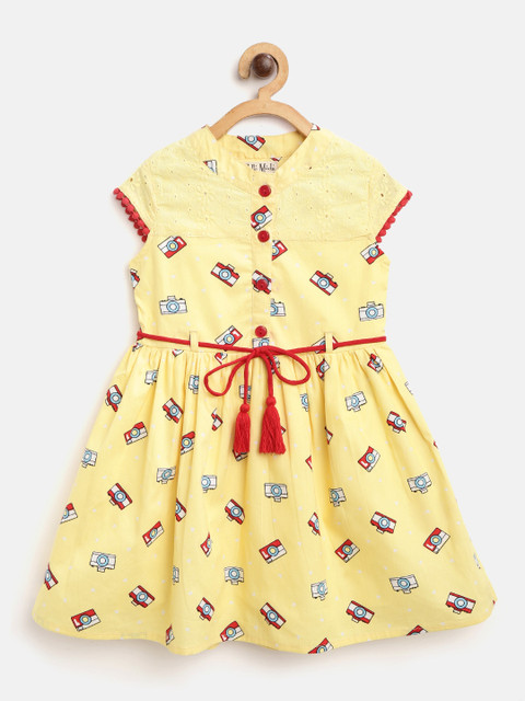 

Bella Moda Girls Yellow & Red Camera Print A-Line Dress with Belt