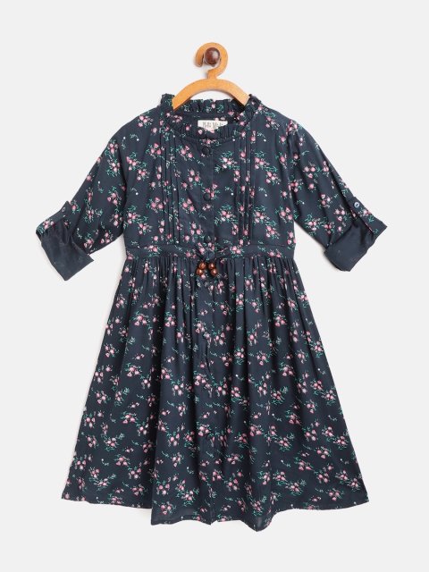 

Bella Moda Girls Navy Blue & Pink Floral Print Fit and Flare Dress
