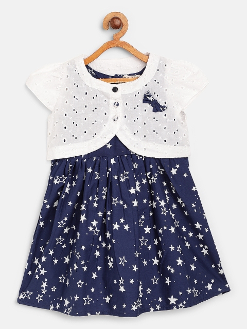 

Bella Moda Girls Navy Blue Stars Print Fit and Flare Dress with Schiffli Jacket