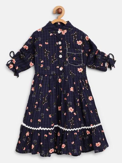

Bella Moda Girls Navy Blue & Peach-Coloured Floral Print Fit & Flare Dress