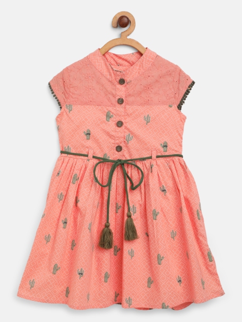 

Bella Moda Girls Peach-Coloured & Green Cactus Print Fit & Flare Dress