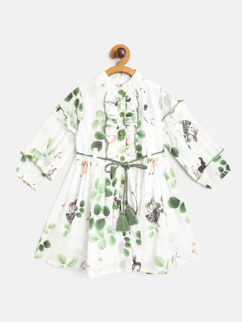 

Bella Moda Girls White & Green Leaves Print Fit and Flare Dress with Belt