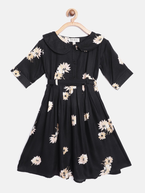 

Bella Moda Girls Black & Off-White Floral Print A-Line Dress with Belt